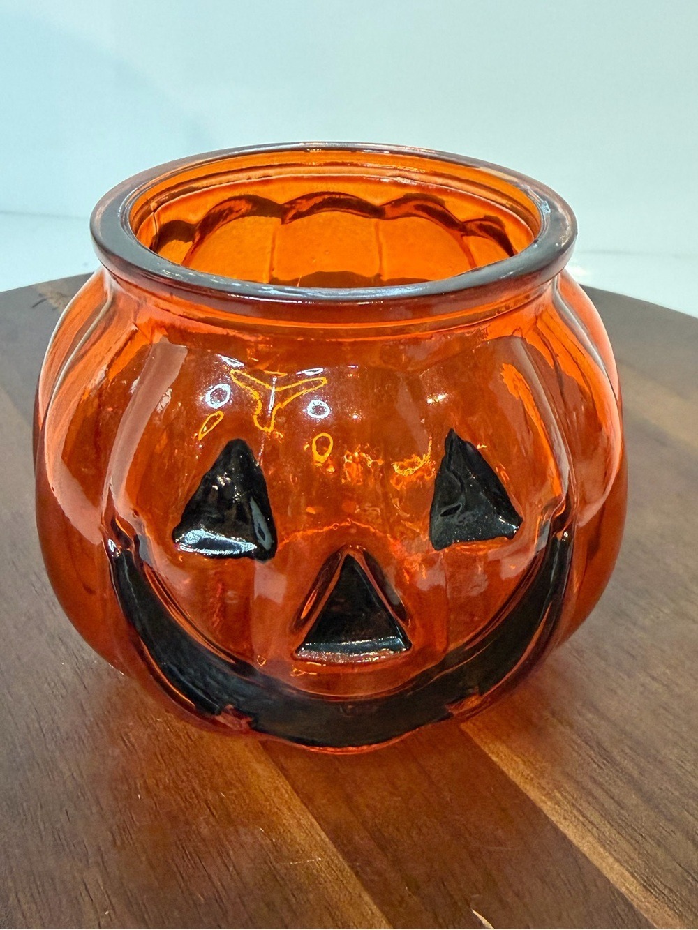 Vintage Amber Glass Jack O Lantern Pumpkin Candle Holder Votive